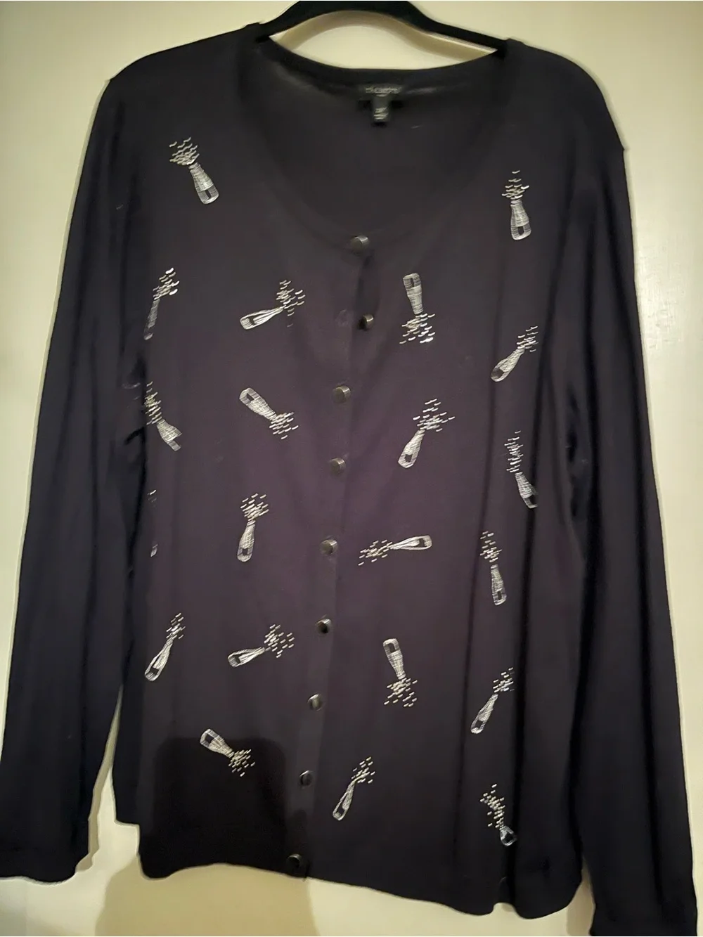 Talbots Black Button-Front Cardigan with Champagne Bottle Popping Motif, 2x